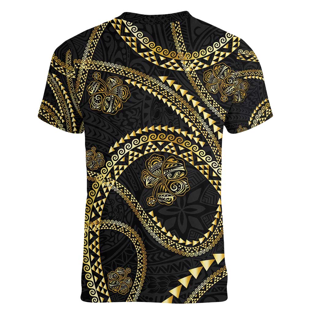 Hawaiian Kakau Art and Hisbiscus Tattoo Women V-Neck T-Shirt Tribal Pattern-Gold Style - Polynesian Pride