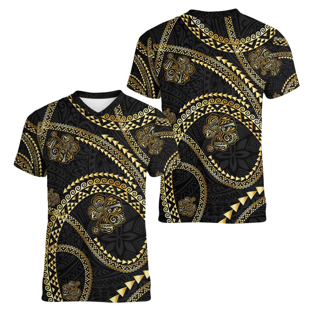 Hawaiian Kakau Art and Hisbiscus Tattoo Women V-Neck T-Shirt Tribal Pattern-Gold Style - Polynesian Pride