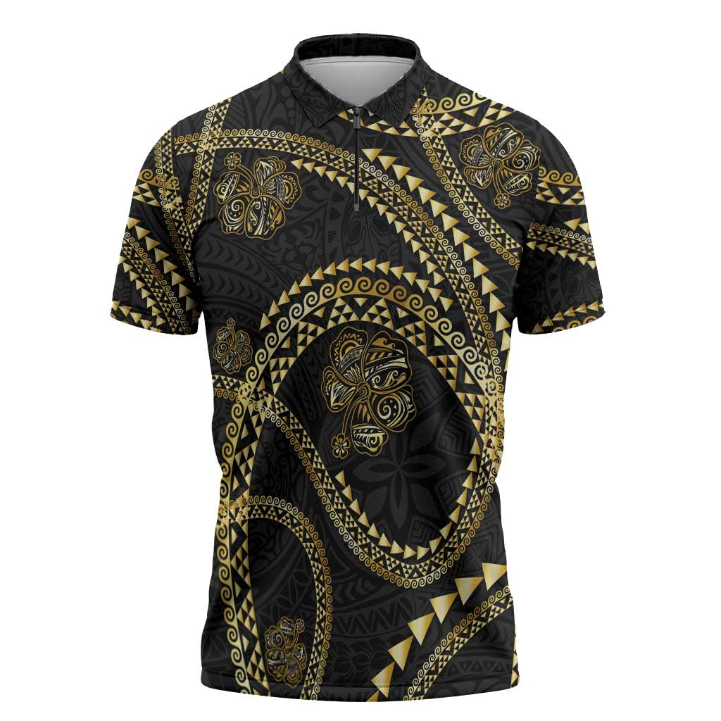 Hawaiian Kakau Art and Hisbiscus Tattoo Zipper Polo Shirt Tribal Pattern-Gold Style - Polynesian Pride