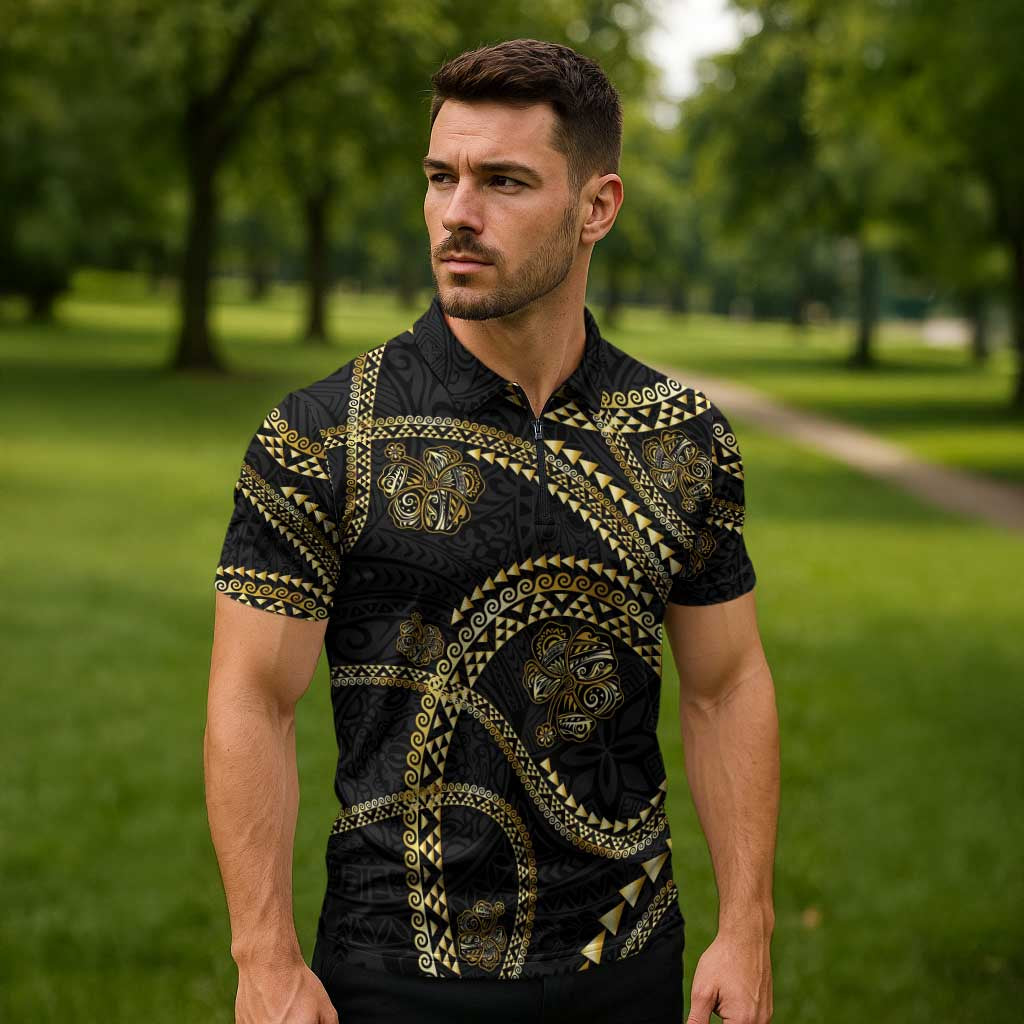 Hawaiian Kakau Art and Hisbiscus Tattoo Zipper Polo Shirt Tribal Pattern-Gold Style - Polynesian Pride