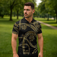 Hawaiian Kakau Art and Hisbiscus Tattoo Zipper Polo Shirt Tribal Pattern-Gold Style - Polynesian Pride