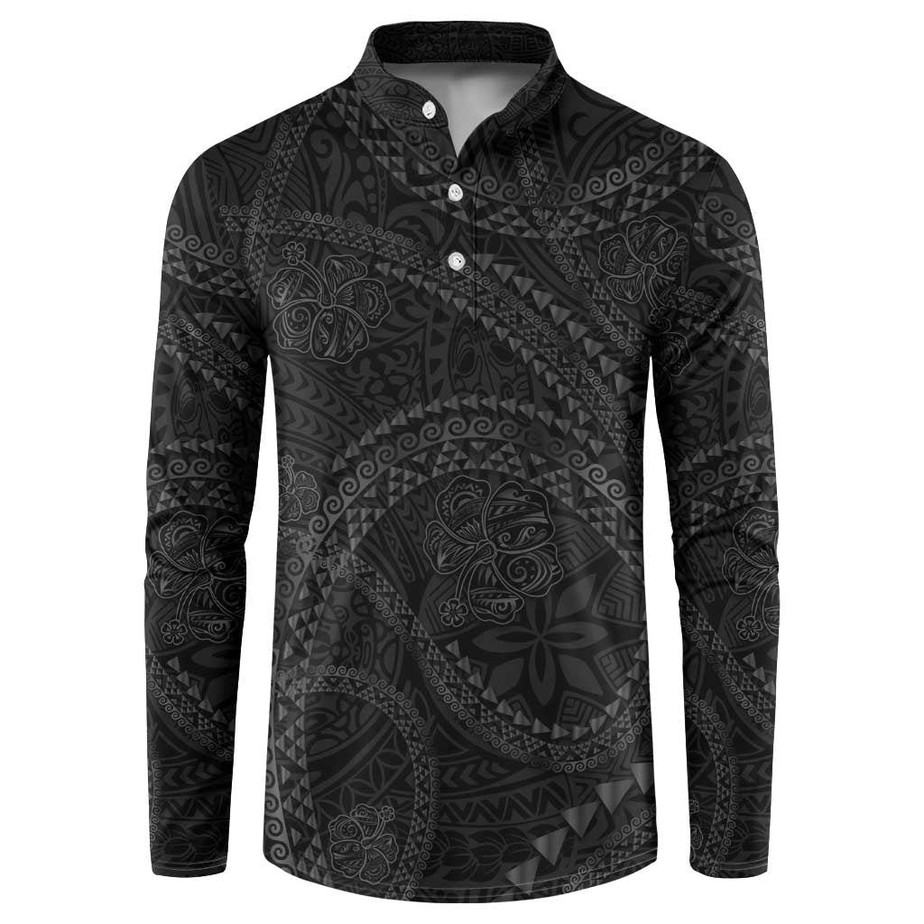 Hawaiian Kakau Art and Hisbiscus Tattoo Button Sweatshirt Tribal Pattern-Black Gradient Style - Polynesian Pride