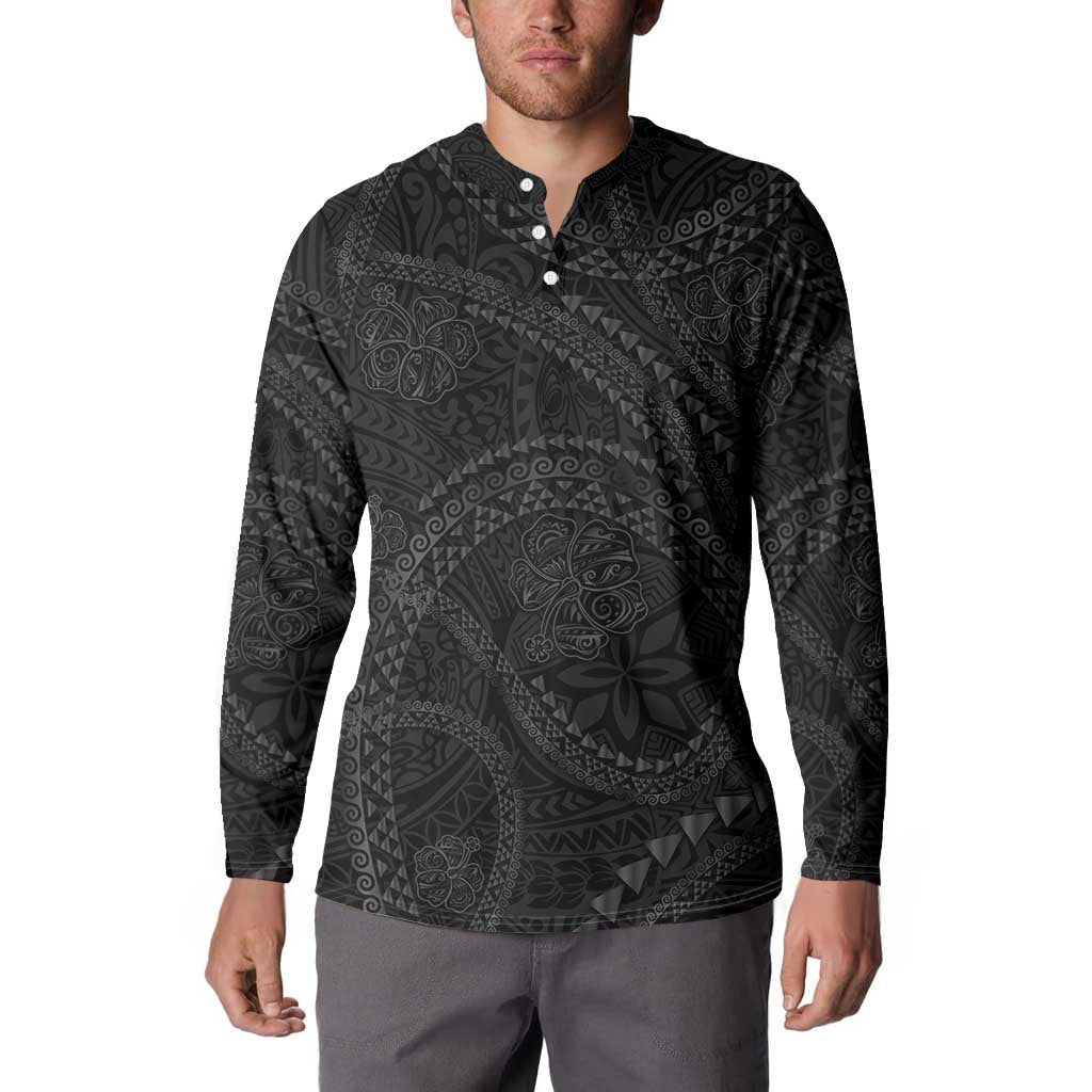 Hawaiian Kakau Art and Hisbiscus Tattoo Button Sweatshirt Tribal Pattern-Black Gradient Style - Polynesian Pride