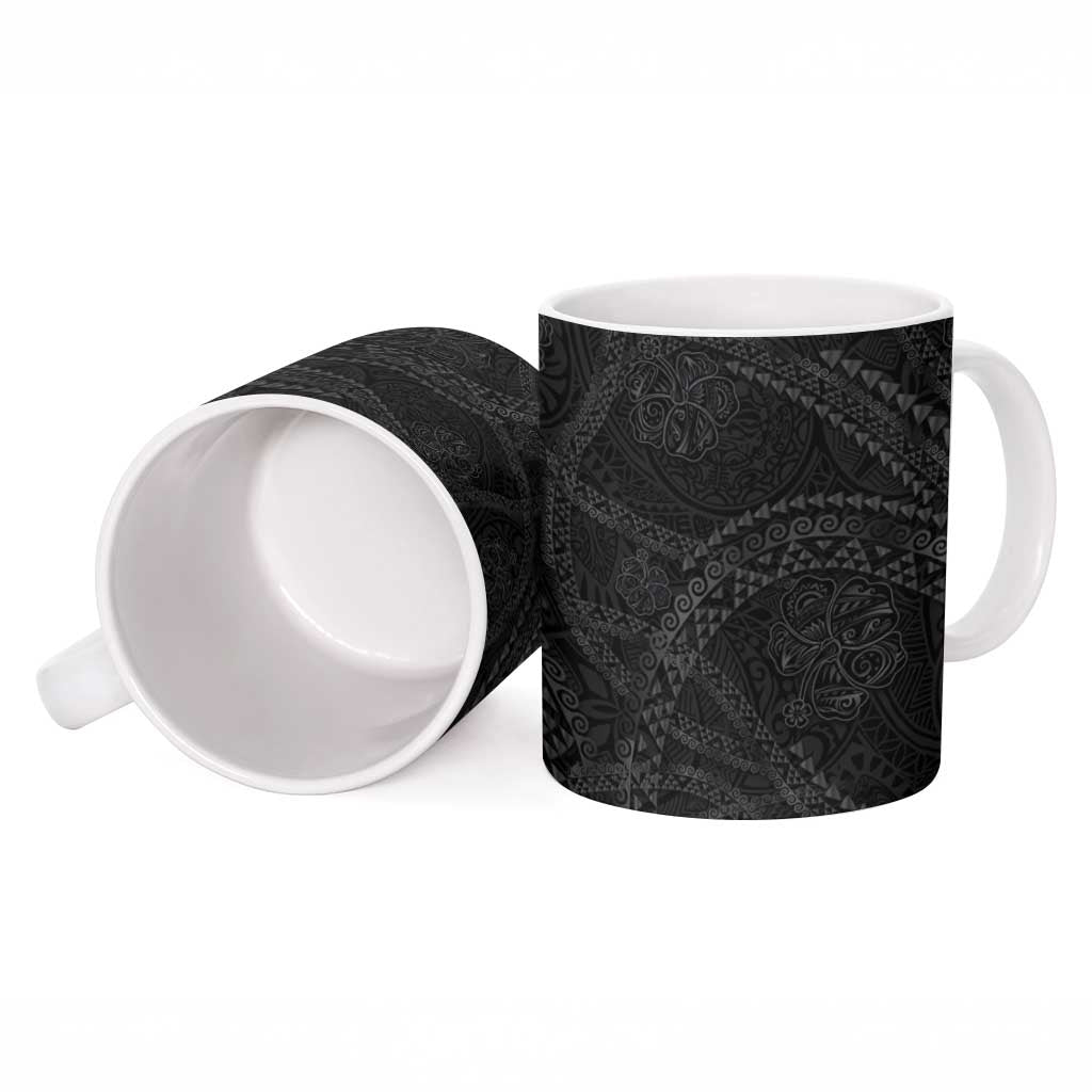 Hawaiian Kakau Art and Hisbiscus Tattoo Ceramic Mug Tribal Pattern-Black Gradient Style - Polynesian Pride