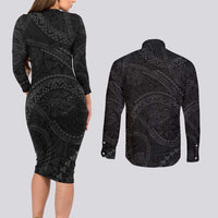 Hawaiian Kakau Art and Hisbiscus Tattoo Couples Matching Long Sleeve Bodycon Dress and Long Sleeve Button Shirt Tribal Pattern-Black Gradient Style - Polynesian Pride