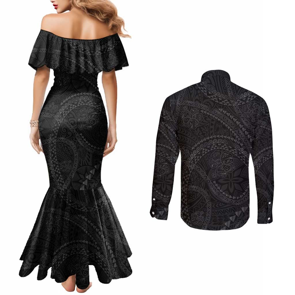 Hawaiian Kakau Art and Hisbiscus Tattoo Couples Matching Mermaid Dress and Long Sleeve Button Shirt Tribal Pattern-Black Gradient Style - Polynesian Pride