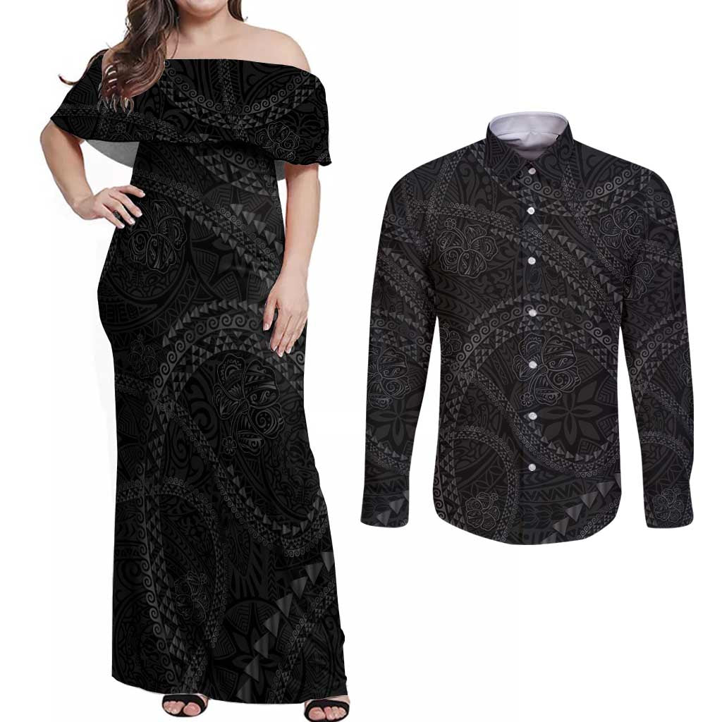 Hawaiian Kakau Art and Hisbiscus Tattoo Couples Matching Off Shoulder Maxi Dress and Long Sleeve Button Shirt Tribal Pattern-Black Gradient Style - Polynesian Pride