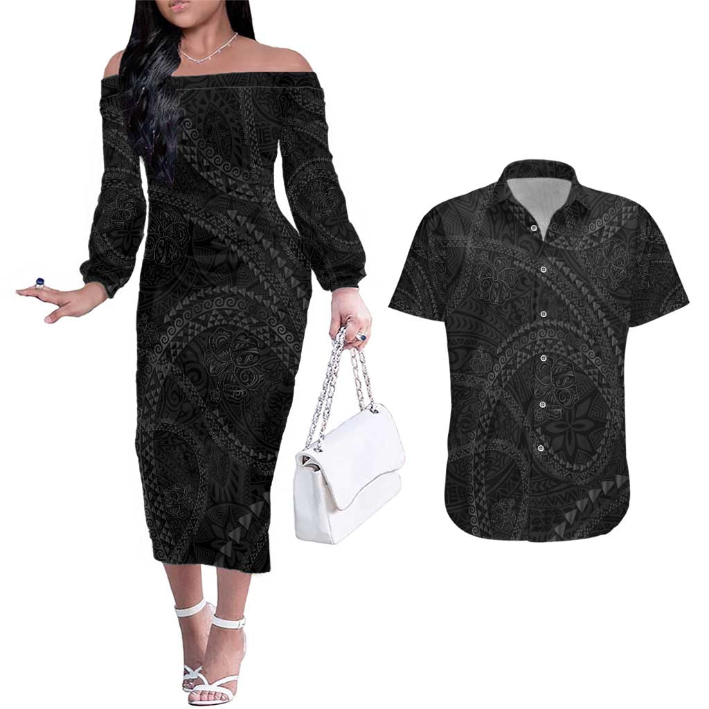 Hawaiian Kakau Art and Hisbiscus Tattoo Couples Matching Off The Shoulder Long Sleeve Dress and Hawaiian Shirt Tribal Pattern-Black Gradient Style - Polynesian Pride