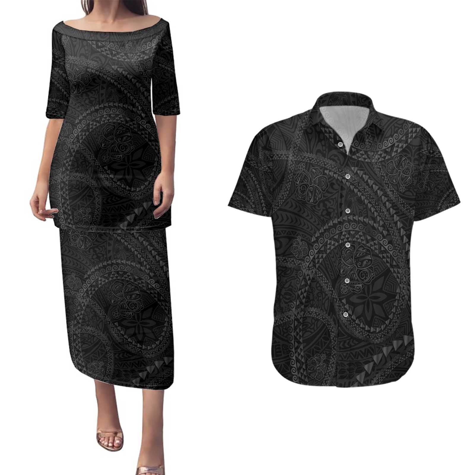 Hawaiian Kakau Art and Hisbiscus Tattoo Couples Matching Puletasi and Hawaiian Shirt Tribal Pattern-Black Gradient Style - Polynesian Pride