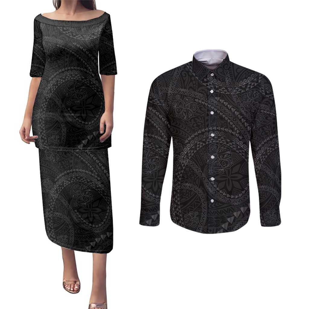 Hawaiian Kakau Art and Hisbiscus Tattoo Couples Matching Puletasi and Long Sleeve Button Shirt Tribal Pattern-Black Gradient Style - Polynesian Pride
