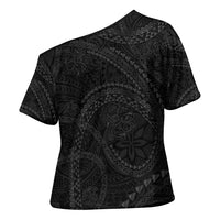 Hawaiian Kakau Art and Hisbiscus Tattoo Cross Shoulder Shirt Tribal Pattern-Black Gradient Style - Polynesian Pride
