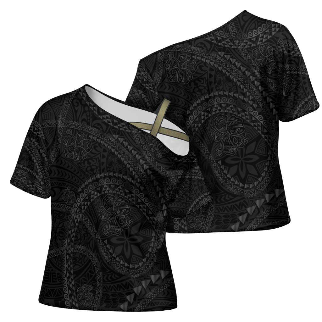 Hawaiian Kakau Art and Hisbiscus Tattoo Cross Shoulder Shirt Tribal Pattern-Black Gradient Style - Polynesian Pride