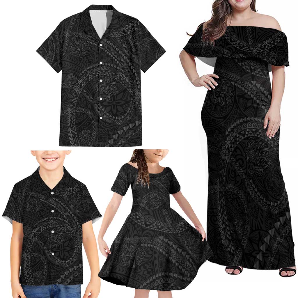 Hawaiian Kakau Art and Hisbiscus Tattoo Family Matching Off Shoulder Maxi Dress and Hawaiian Shirt Tribal Pattern-Black Gradient Style - Polynesian Pride