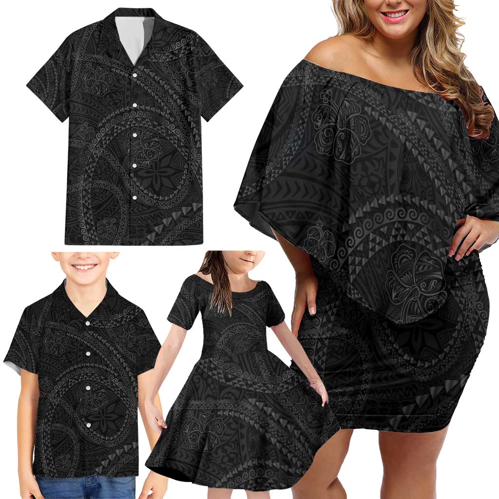 Hawaiian Kakau Art and Hisbiscus Tattoo Family Matching Off Shoulder Short Dress and Hawaiian Shirt Tribal Pattern-Black Gradient Style - Polynesian Pride