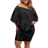 Hawaiian Kakau Art and Hisbiscus Tattoo Family Matching Off Shoulder Short Dress and Hawaiian Shirt Tribal Pattern-Black Gradient Style - Polynesian Pride