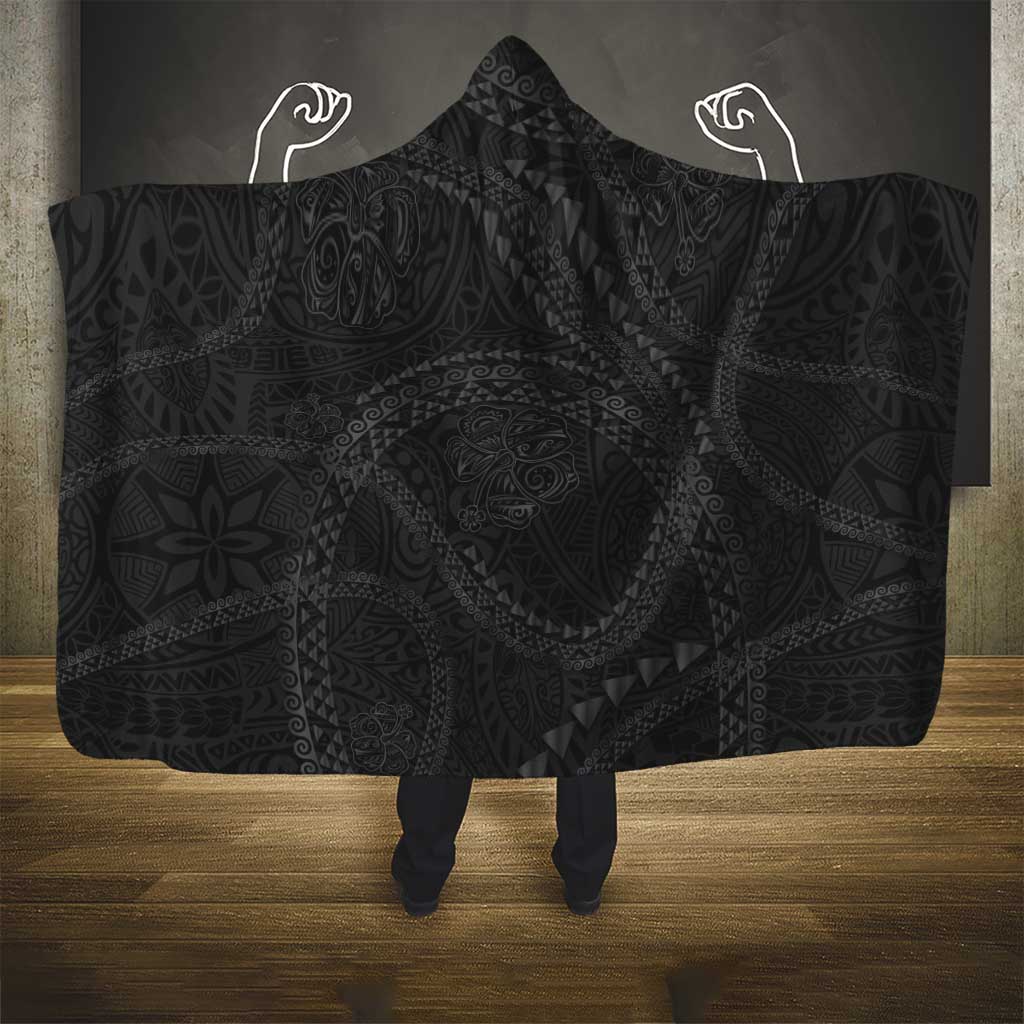 Hawaiian Kakau Art and Hisbiscus Tattoo Hooded Blanket Tribal Pattern-Black Gradient Style - Polynesian Pride