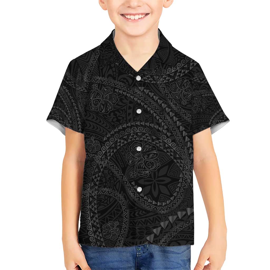 Hawaiian Kakau Art and Hisbiscus Tattoo Kid Hawaiian Shirt Tribal Pattern-Black Gradient Style - Polynesian Pride