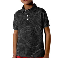 Hawaiian Kakau Art and Hisbiscus Tattoo Kid Polo Shirt Tribal Pattern-Black Gradient Style - Polynesian Pride