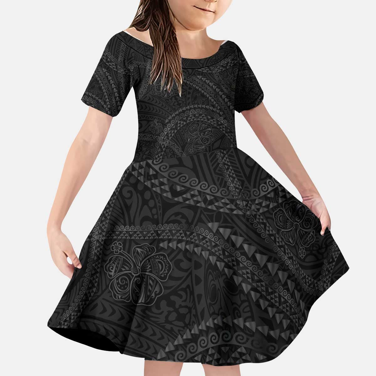 Hawaiian Kakau Art and Hisbiscus Tattoo Kid Short Sleeve Dress Tribal Pattern-Black Gradient Style - Polynesian Pride