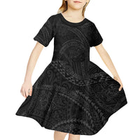 Hawaiian Kakau Art and Hisbiscus Tattoo Kid Short Sleeve Dress Tribal Pattern-Black Gradient Style - Polynesian Pride