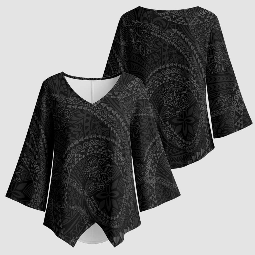 Hawaiian Kakau Art and Hisbiscus Tattoo Kimono Sleeve Blouse Tribal Pattern-Black Gradient Style - Polynesian Pride
