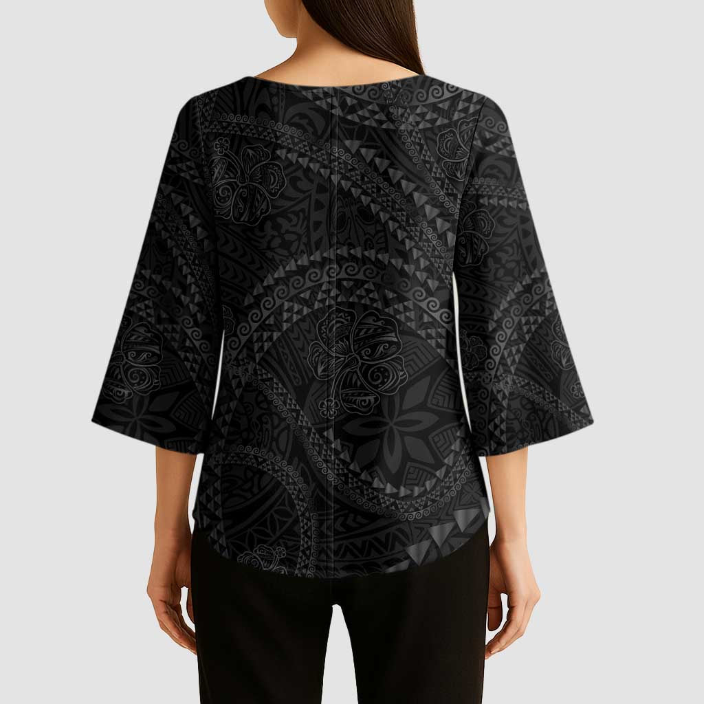 Hawaiian Kakau Art and Hisbiscus Tattoo Kimono Sleeve Blouse Tribal Pattern-Black Gradient Style - Polynesian Pride