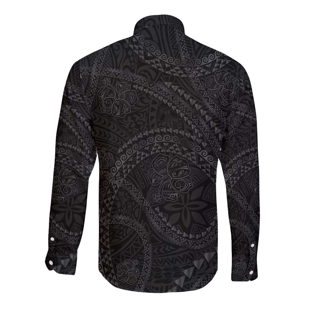 Hawaiian Kakau Art and Hisbiscus Tattoo Long Sleeve Button Shirt Tribal Pattern-Black Gradient Style - Polynesian Pride