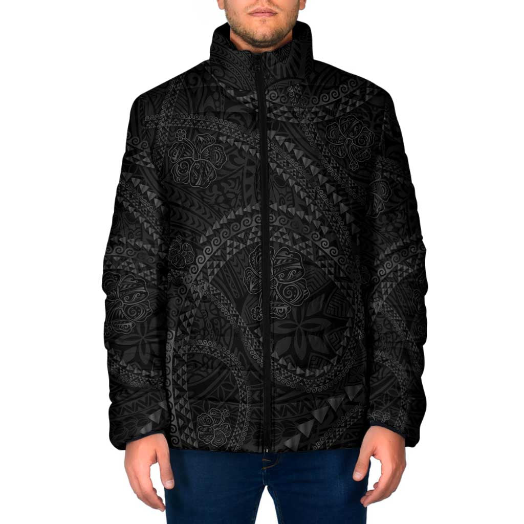 Hawaiian Kakau Art and Hisbiscus Tattoo Padded Jacket Tribal Pattern-Black Gradient Style - Polynesian Pride