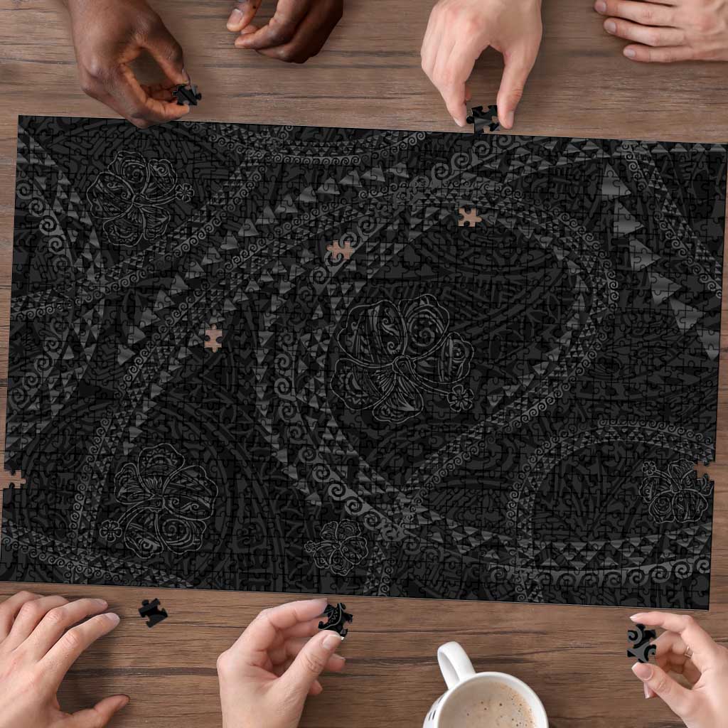 Hawaiian Kakau Art and Hisbiscus Tattoo Puzzle Tribal Pattern-Black Gradient Style - Polynesian Pride