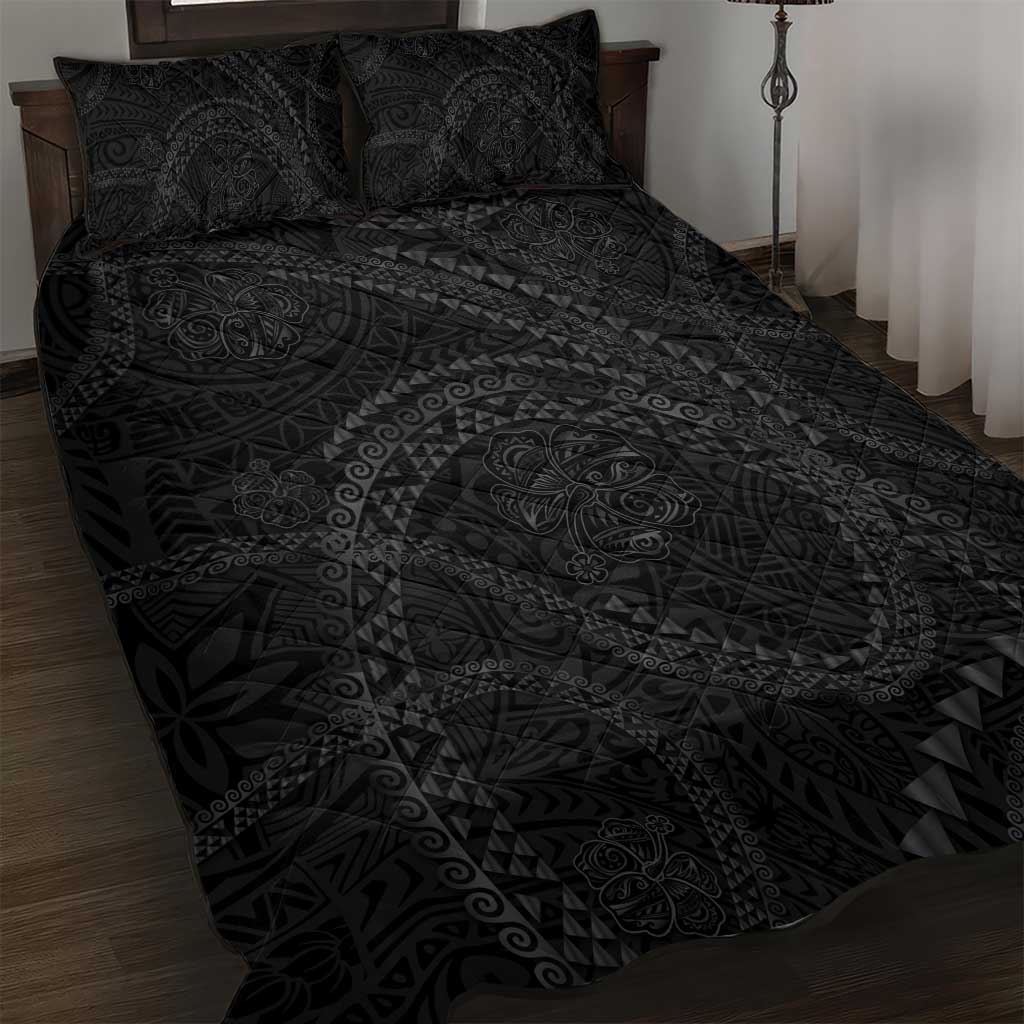 Hawaiian Kakau Art and Hisbiscus Tattoo Quilt Bed Set Tribal Pattern-Black Gradient Style - Polynesian Pride