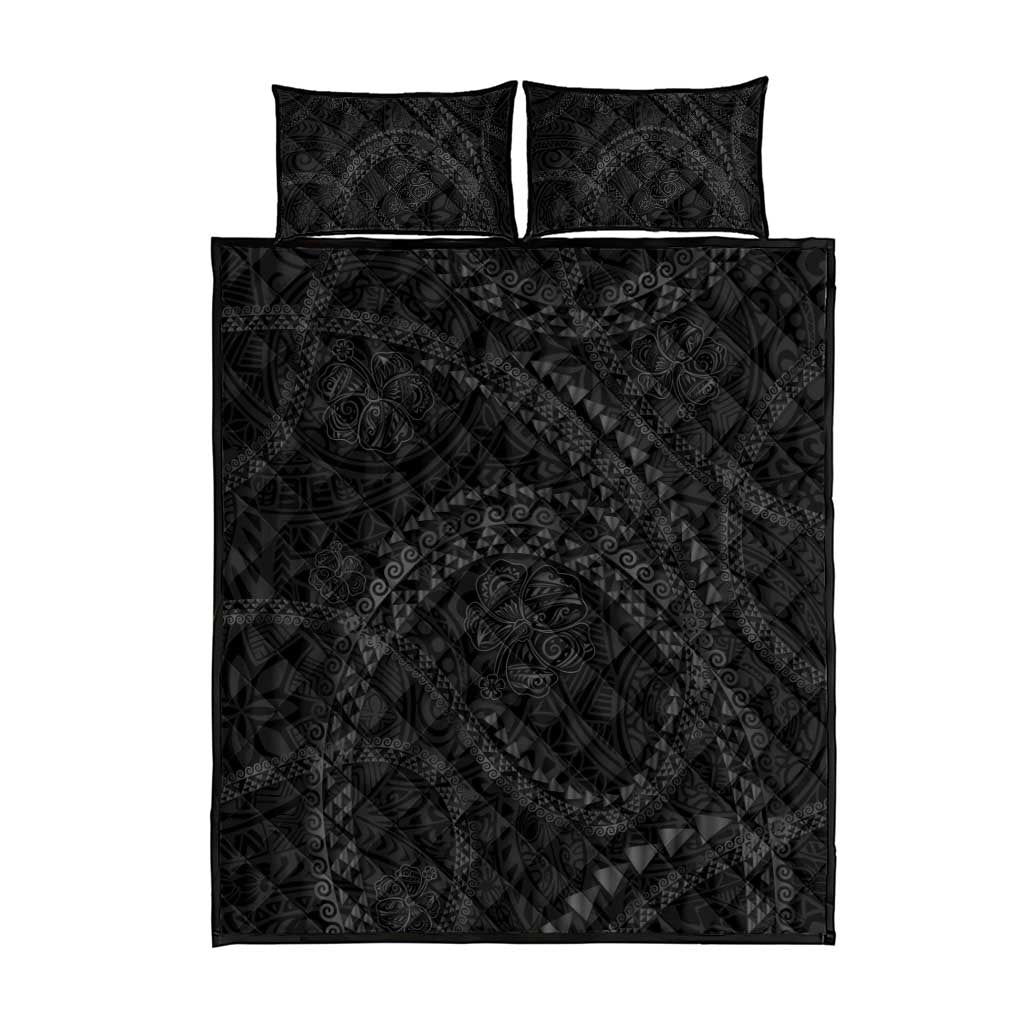 Hawaiian Kakau Art and Hisbiscus Tattoo Quilt Bed Set Tribal Pattern-Black Gradient Style - Polynesian Pride