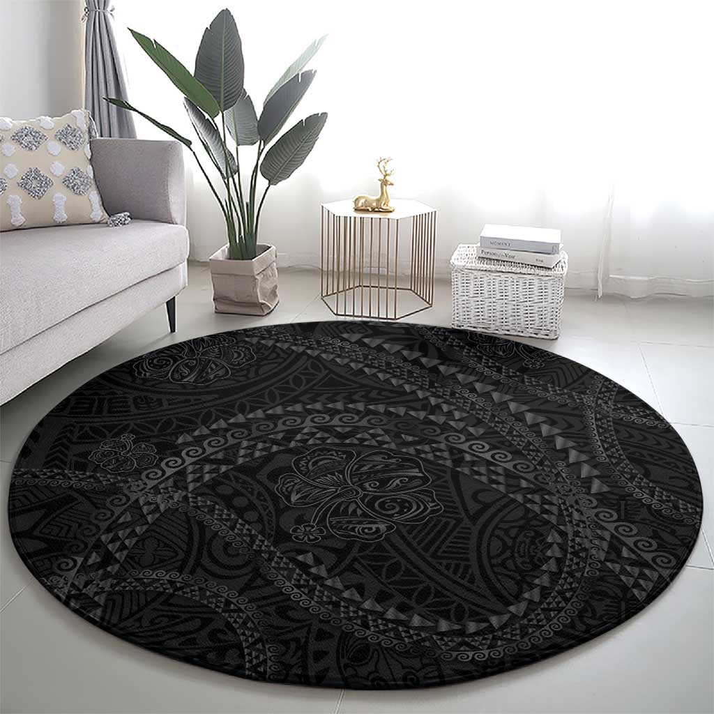 Hawaiian Kakau Art and Hisbiscus Tattoo Round Carpet Tribal Pattern-Black Gradient Style - Polynesian Pride