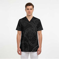 Hawaiian Kakau Art and Hisbiscus Tattoo Scrub Top Tribal Pattern-Black Gradient Style - Polynesian Pride