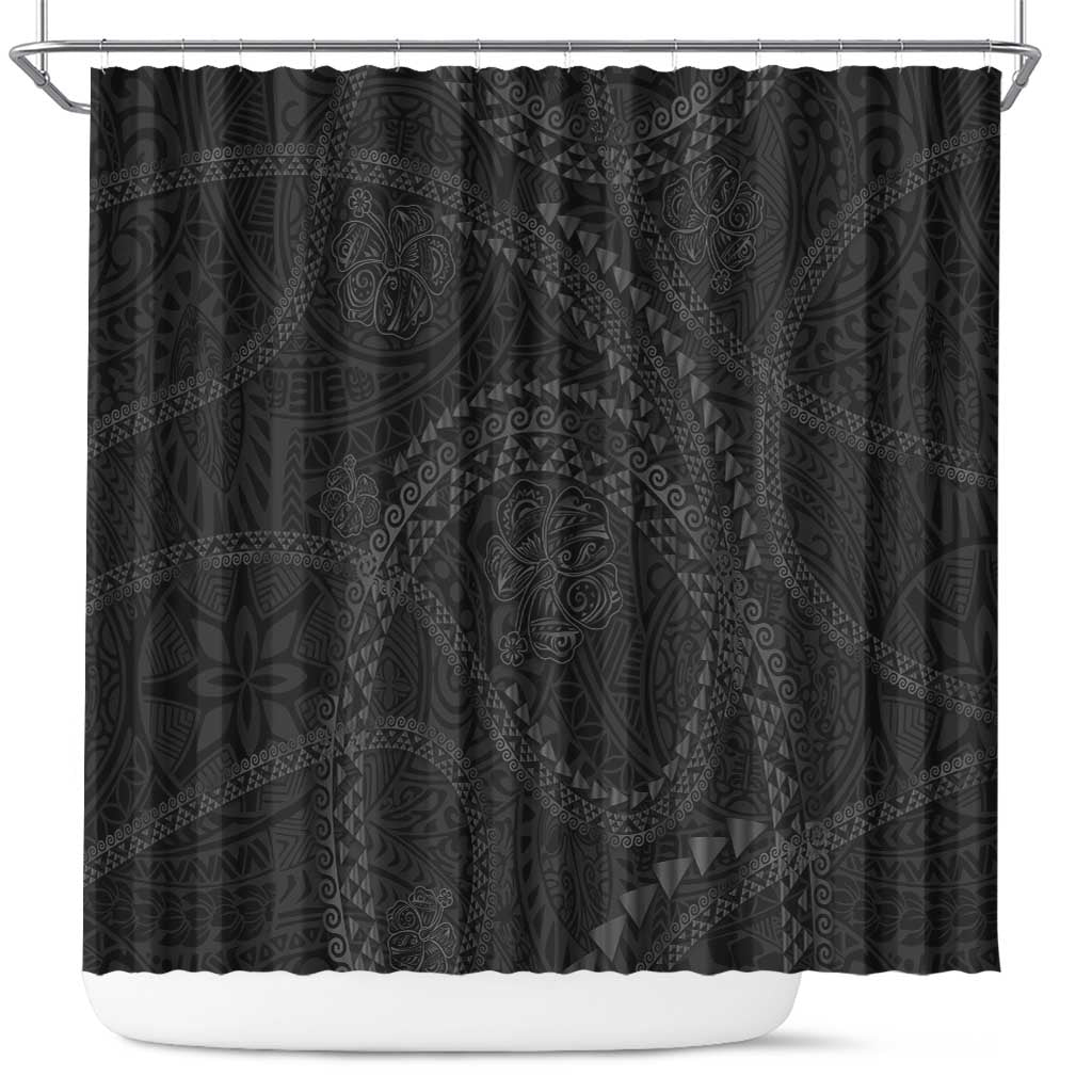Hawaiian Kakau Art and Hisbiscus Tattoo Shower Curtain Tribal Pattern-Black Gradient Style - Polynesian Pride