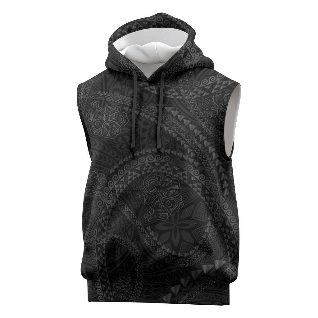 Hawaiian Kakau Art and Hisbiscus Tattoo Sleeveless Hoodie Tribal Pattern-Black Gradient Style - Polynesian Pride
