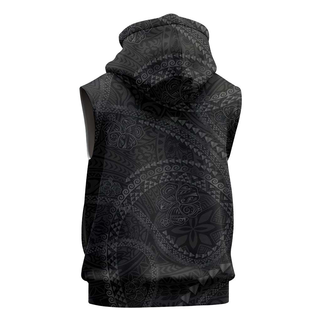 Hawaiian Kakau Art and Hisbiscus Tattoo Sleeveless Hoodie Tribal Pattern-Black Gradient Style - Polynesian Pride