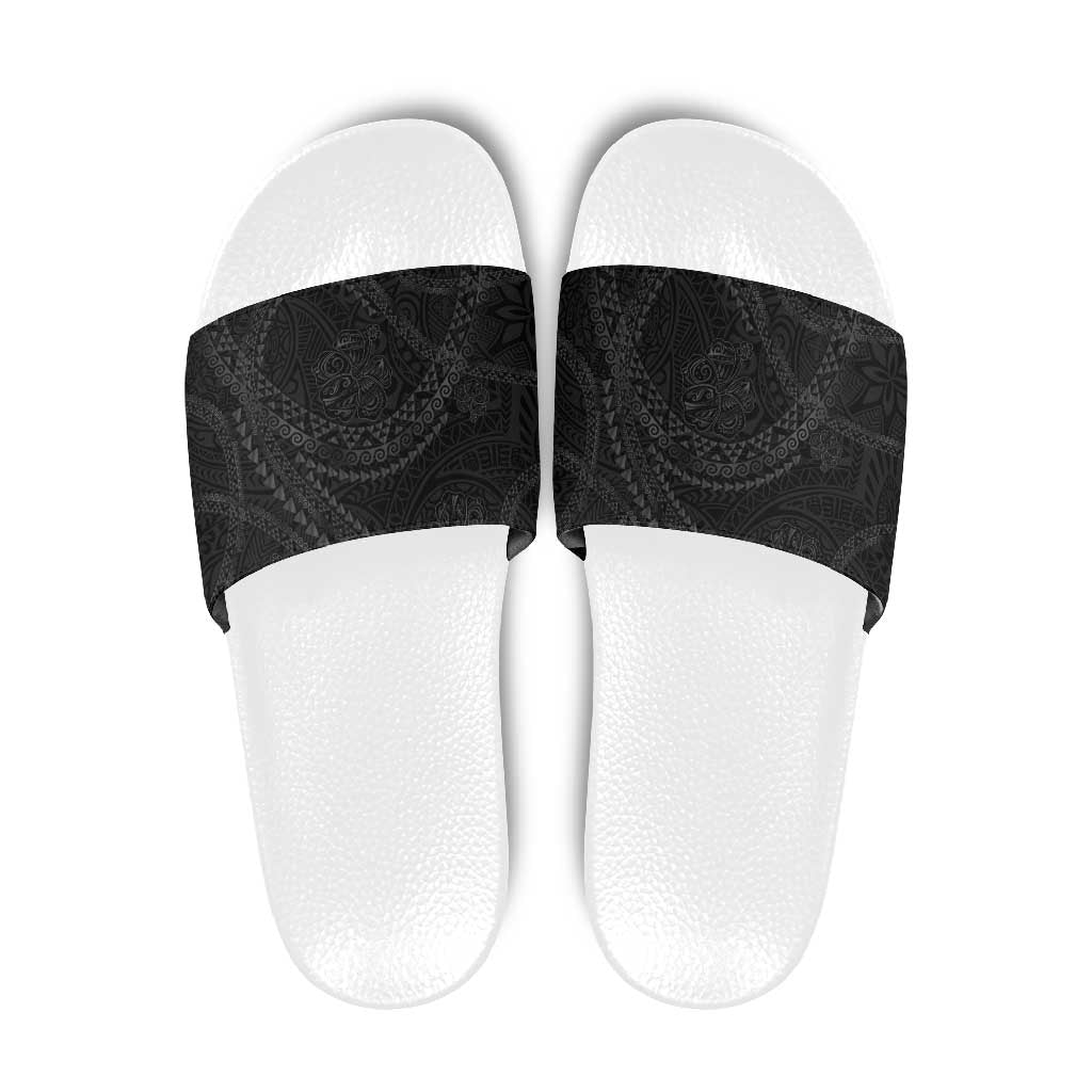 Hawaiian Kakau Art and Hisbiscus Tattoo Slide Sandals Tribal Pattern-Black Gradient Style - Polynesian Pride