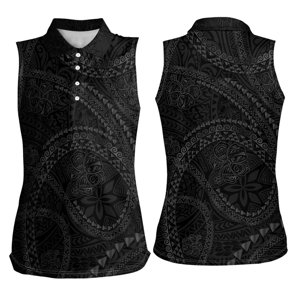 Hawaiian Kakau Art and Hisbiscus Tattoo Women Sleeveless Polo Shirt Tribal Pattern-Black Gradient Style - Polynesian Pride