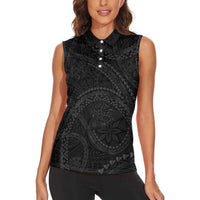 Hawaiian Kakau Art and Hisbiscus Tattoo Women Sleeveless Polo Shirt Tribal Pattern-Black Gradient Style - Polynesian Pride