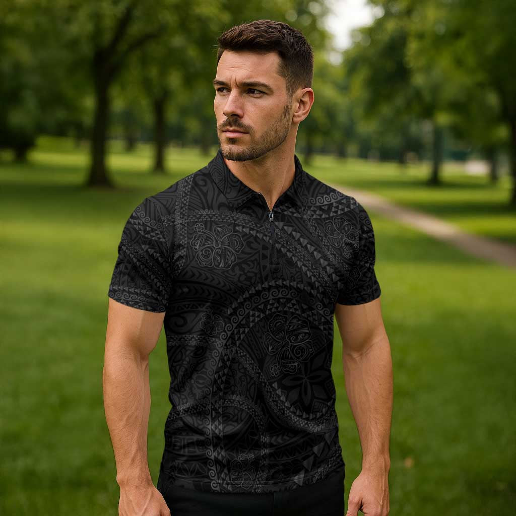 Hawaiian Kakau Art and Hisbiscus Tattoo Zipper Polo Shirt Tribal Pattern-Black Gradient Style - Polynesian Pride