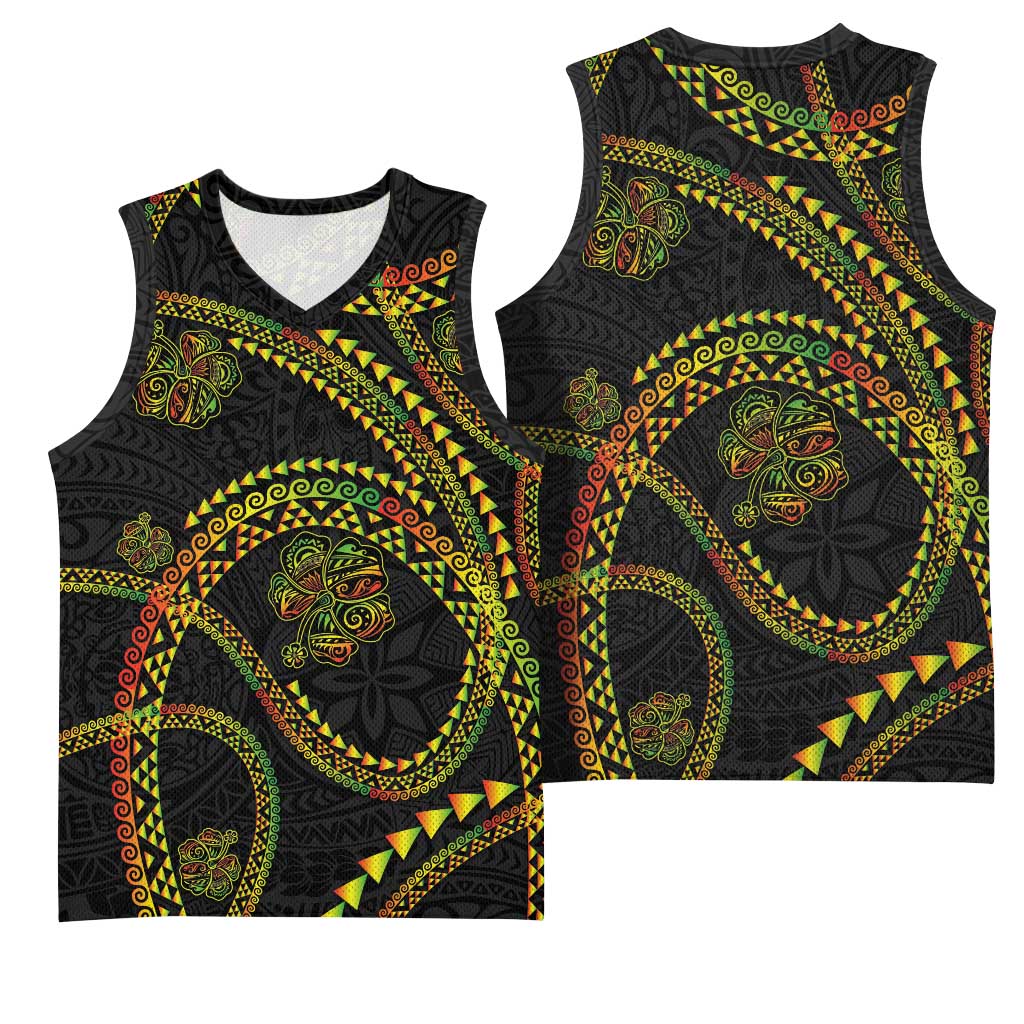 Hawaiian Kakau Art and Hisbiscus Tattoo Basketball Jersey Tribal Pattern-Reggae Style - Polynesian Pride