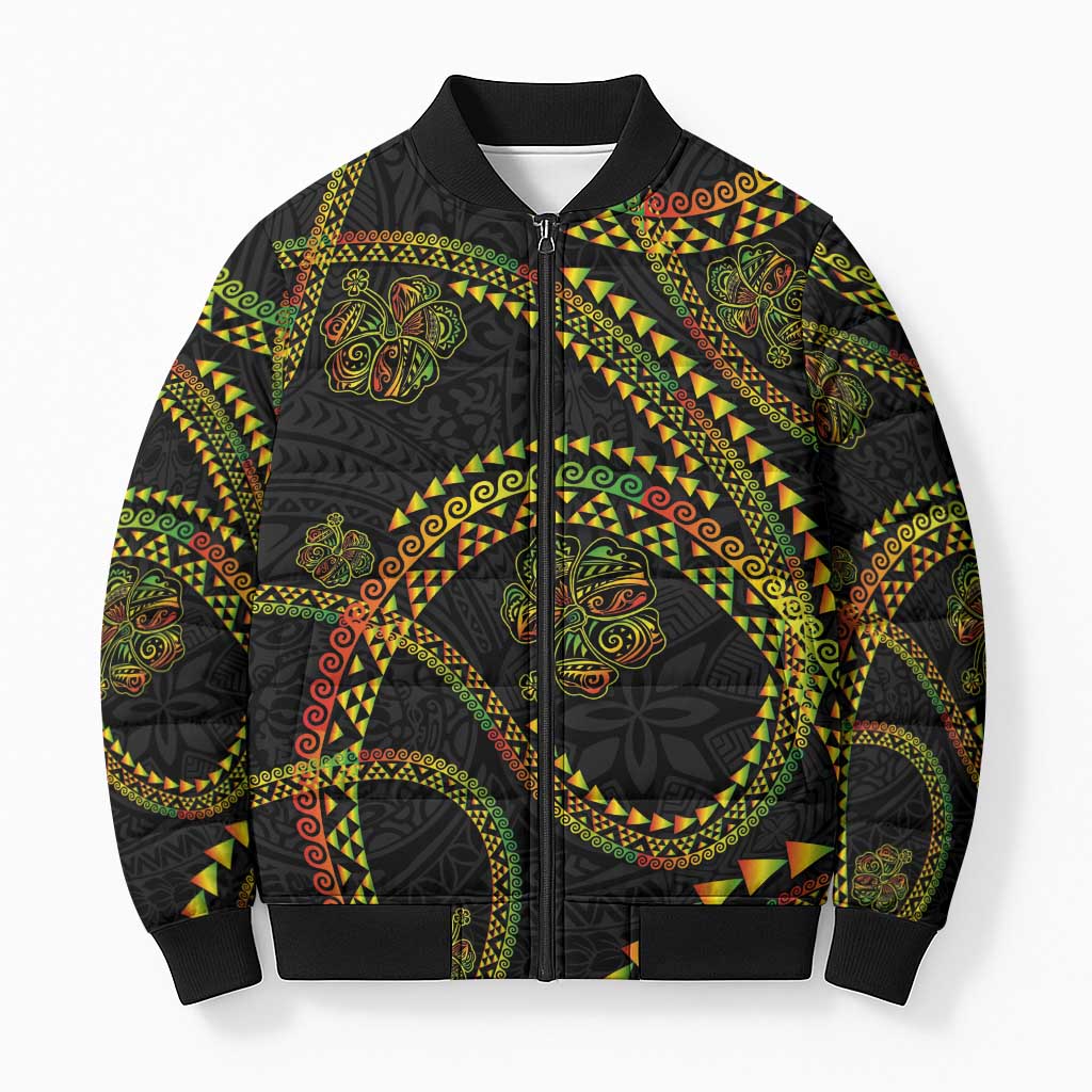 Hawaiian Kakau Art and Hisbiscus Tattoo Bomber Puffer Jacket Tribal Pattern-Reggae Style - Polynesian Pride