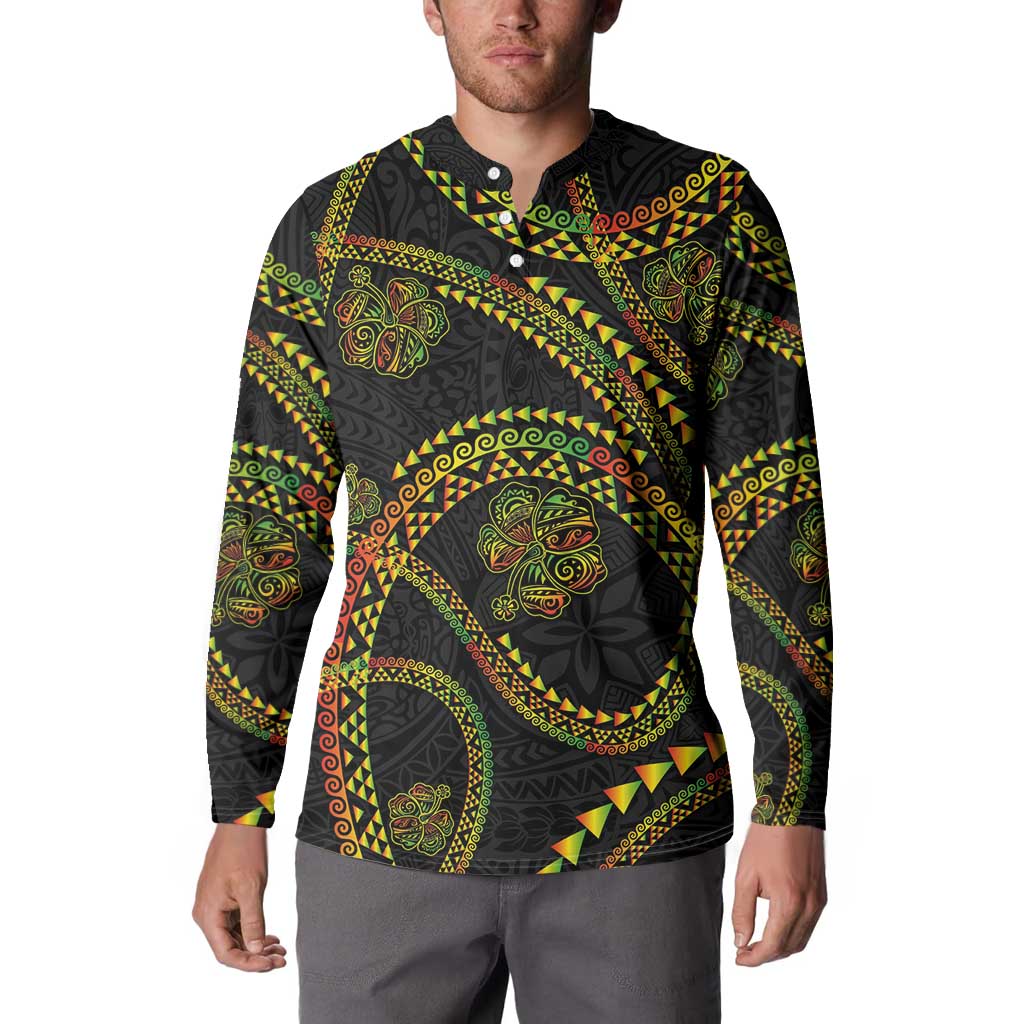 Hawaiian Kakau Art and Hisbiscus Tattoo Button Sweatshirt Tribal Pattern-Reggae Style - Polynesian Pride