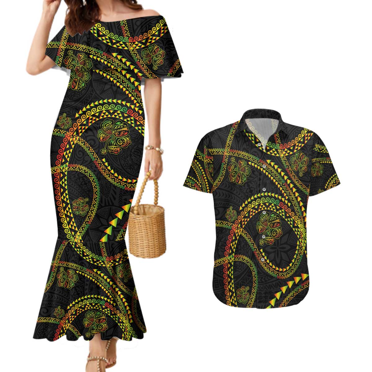 Hawaiian Kakau Art and Hisbiscus Tattoo Couples Matching Mermaid Dress and Hawaiian Shirt Tribal Pattern-Reggae Style - Polynesian Pride