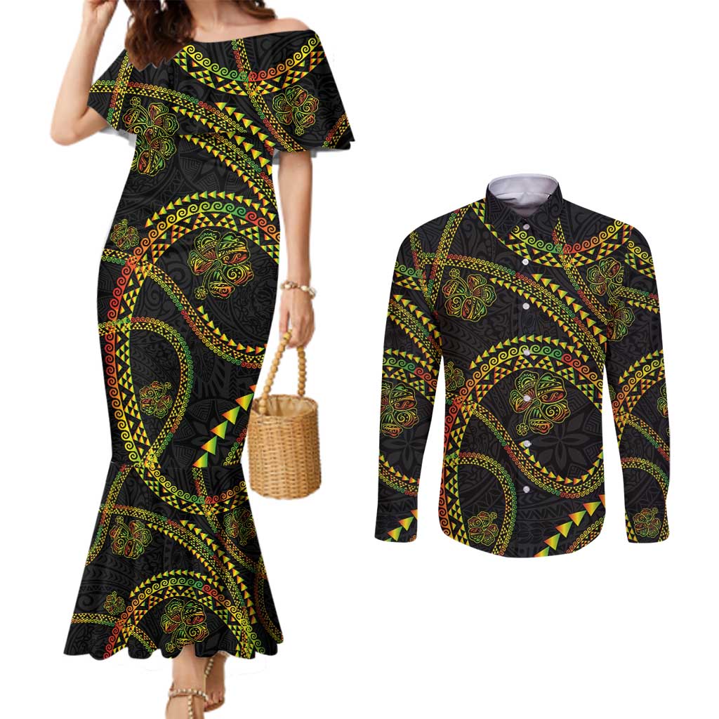 Hawaiian Kakau Art and Hisbiscus Tattoo Couples Matching Mermaid Dress and Long Sleeve Button Shirt Tribal Pattern-Reggae Style - Polynesian Pride