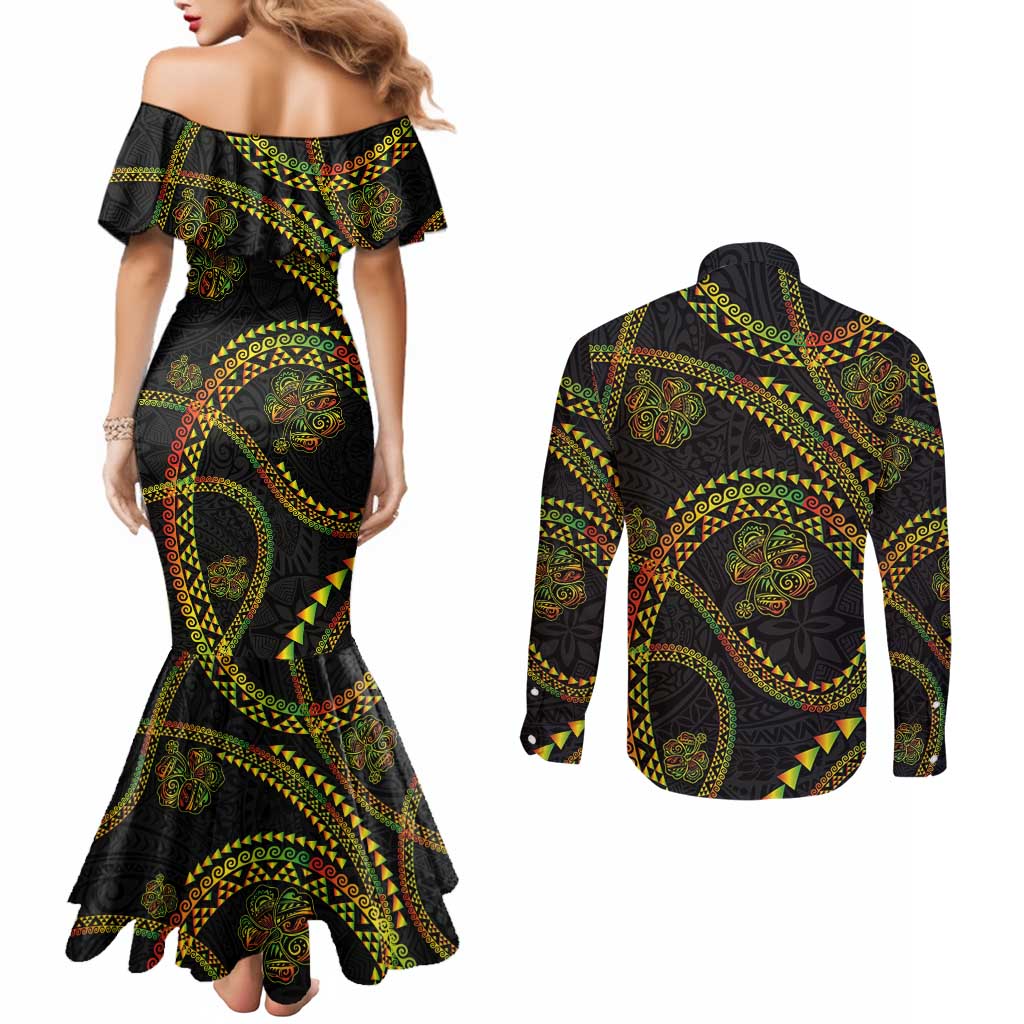 Hawaiian Kakau Art and Hisbiscus Tattoo Couples Matching Mermaid Dress and Long Sleeve Button Shirt Tribal Pattern-Reggae Style - Polynesian Pride