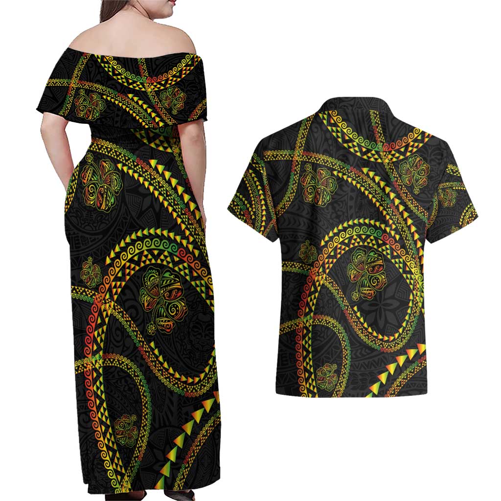 Hawaiian Kakau Art and Hisbiscus Tattoo Couples Matching Off Shoulder Maxi Dress and Hawaiian Shirt Tribal Pattern-Reggae Style - Polynesian Pride