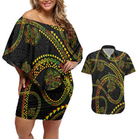 Hawaiian Kakau Art and Hisbiscus Tattoo Couples Matching Off Shoulder Short Dress and Hawaiian Shirt Tribal Pattern-Reggae Style - Polynesian Pride
