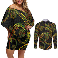 Hawaiian Kakau Art and Hisbiscus Tattoo Couples Matching Off Shoulder Short Dress and Long Sleeve Button Shirt Tribal Pattern-Reggae Style - Polynesian Pride