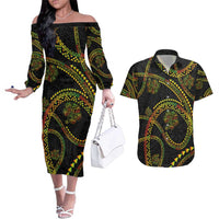 Hawaiian Kakau Art and Hisbiscus Tattoo Couples Matching Off The Shoulder Long Sleeve Dress and Hawaiian Shirt Tribal Pattern-Reggae Style - Polynesian Pride